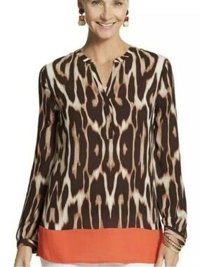 Chico's Size 3 Ocelot Lola Blouse Brown Split Neck Orange Trim Chiffon Top Sz XL